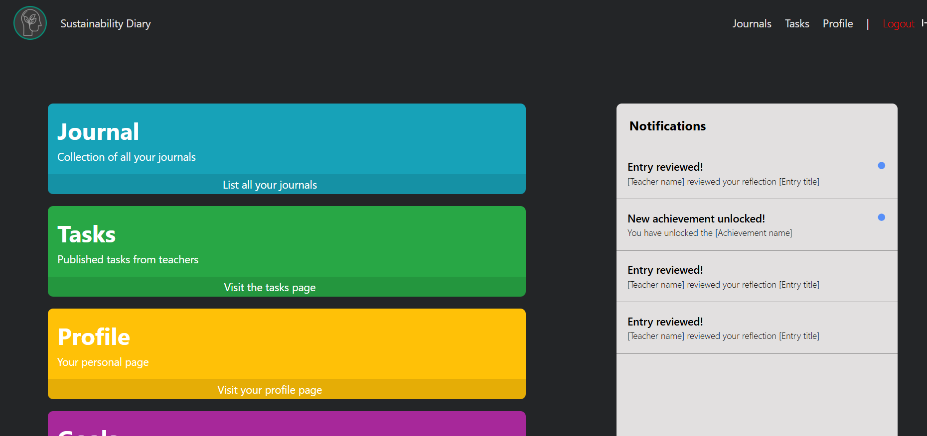Picture of sustainability diary's Home screen