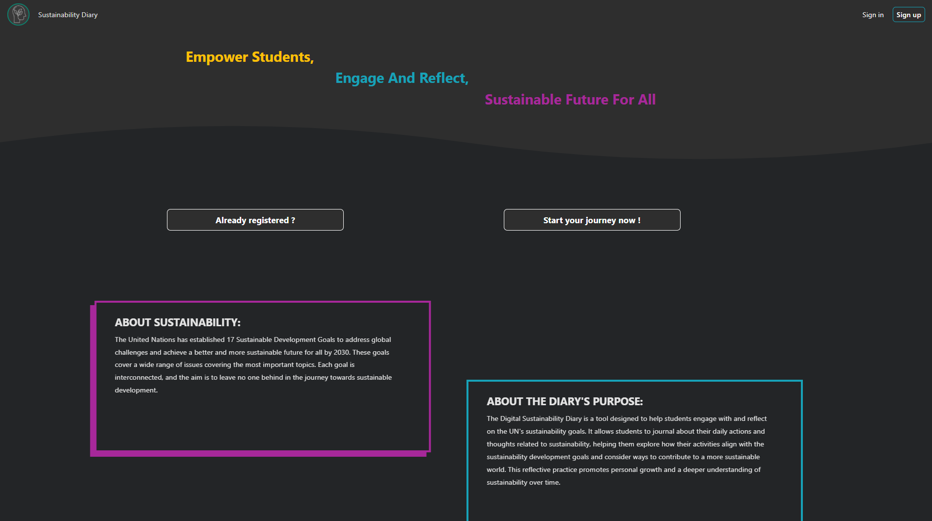 Picture of sustainability diary's Welcome Page